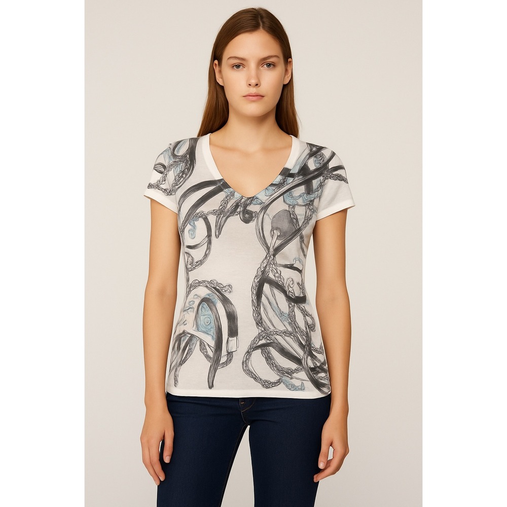 Gucci Womens T-Shirt‎ White V-Neck Graphic Print Chain Equestrian Size S
